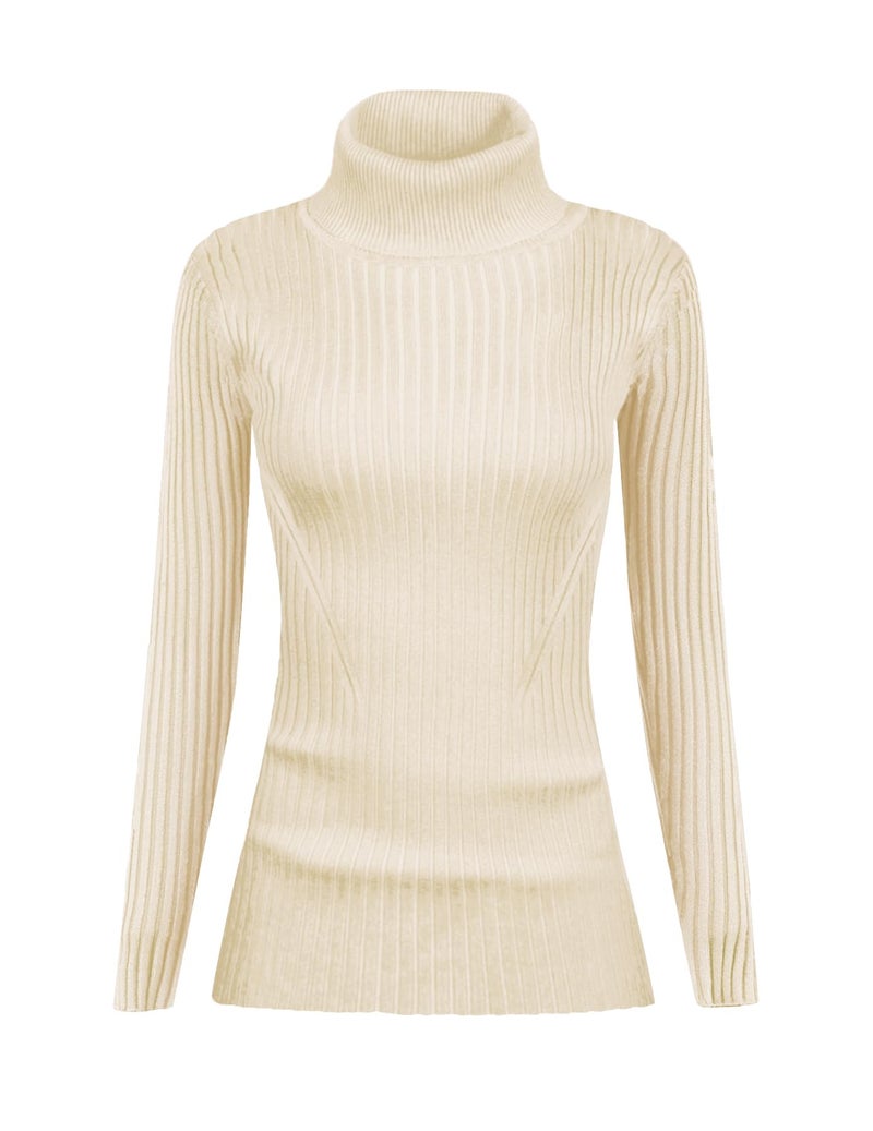 v28 Women Stretchable Turtleneck Knit Long Sleeve Slim Fit Sweater (L,Ivory) - Image 1